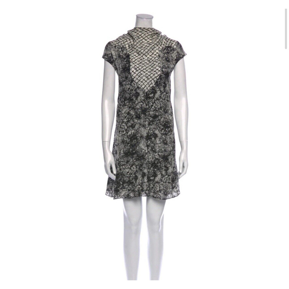Proenza Schouler 100% Silk Mini Dress Tie Neck Lined Size 4 Black White Floral - Picture 1 of 10